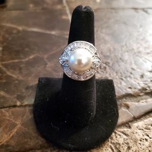 Silver Faux Pearl with emerald & round pave diamonds sz7